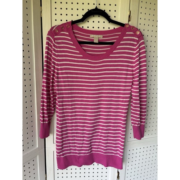 Banana Republic Women's M Pullover Sweater Pink White Stripe Button Shoulder - Picture 1 of 5